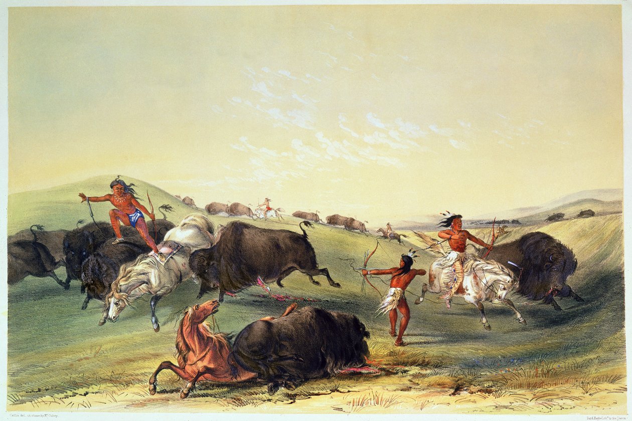 Buffalo Hunt, placa 7 da coleção indiana norte americana de Catlin, gravada por McGahey, dia e Haghe de George Catlin