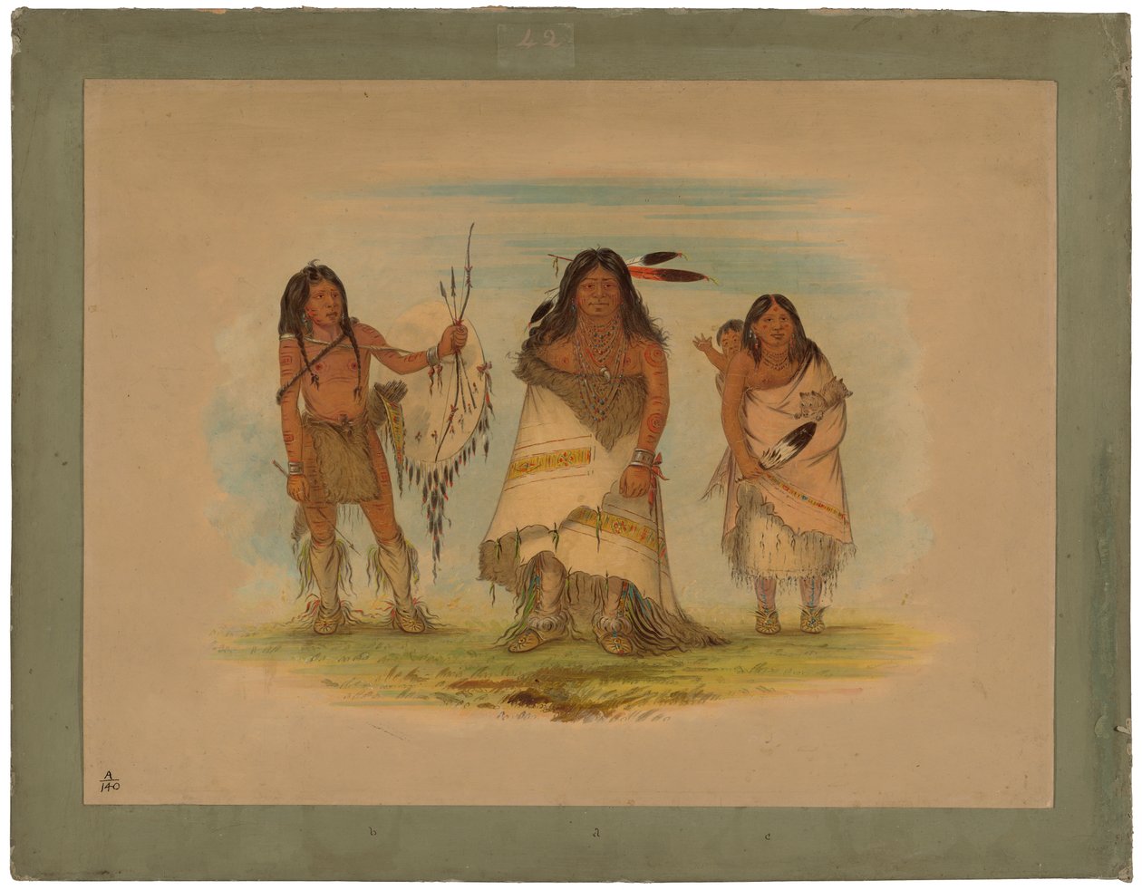 Camanchee Chief, sua esposa e um guerreiro, 1861 (óleo no cartão montado em papelão) de George Catlin