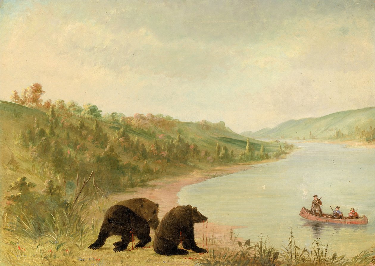 Catlin e seus homens em sua canoa, solicitados urgentemente a desembarcar, Upper Missouri, 1846-1848. de George Catlin