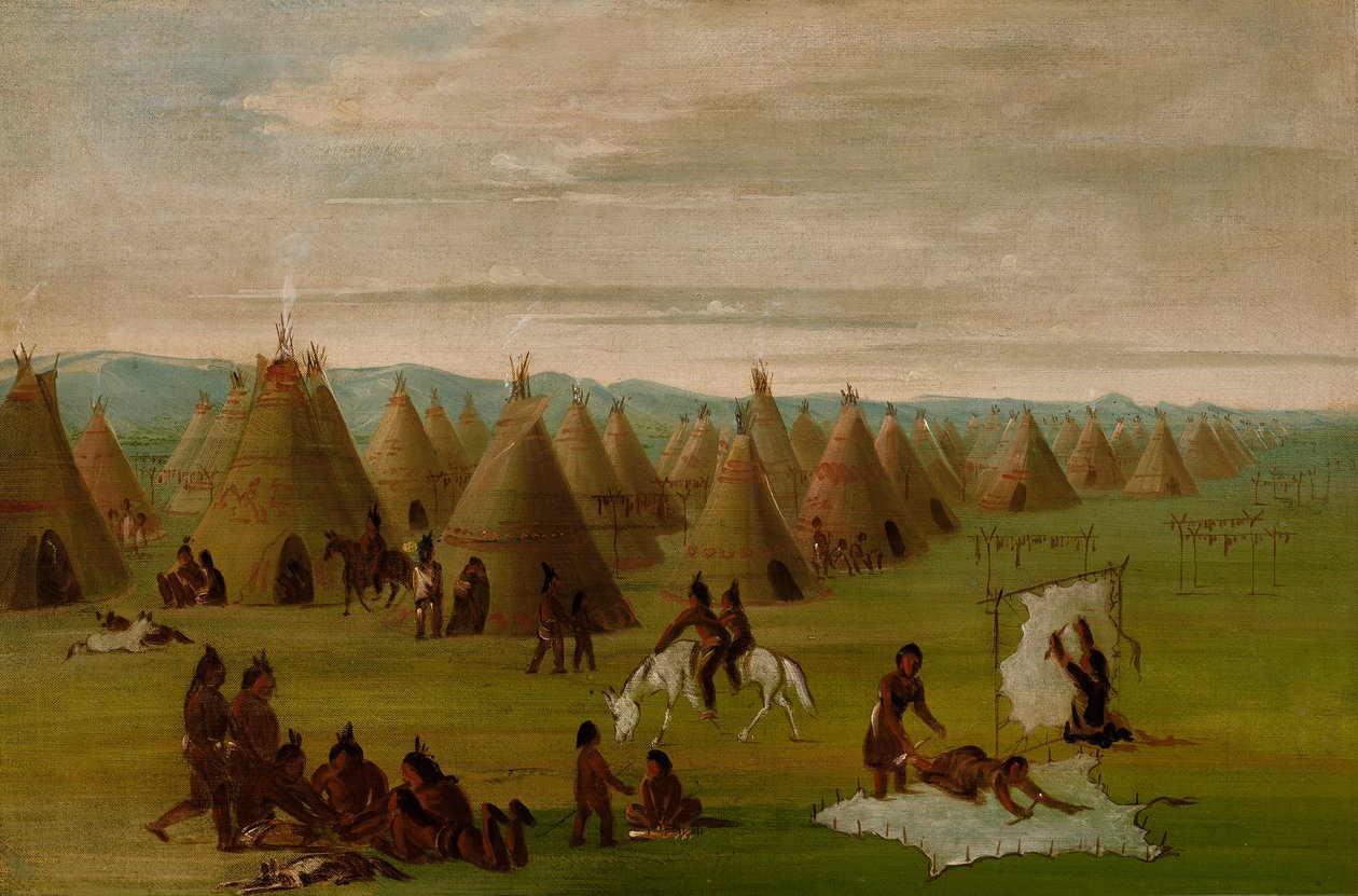 Aldeia comanche, mulheres a vestir os robes e a secar a carne de George Catlin