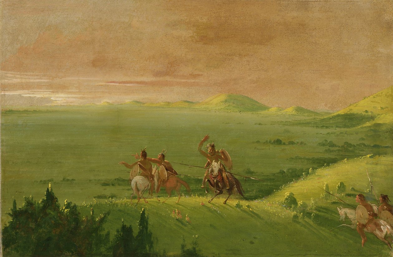 Grupo de guerra comanche, chefe a descobrir o inimigo e a incitar os seus homens ao nascer do sol de George Catlin