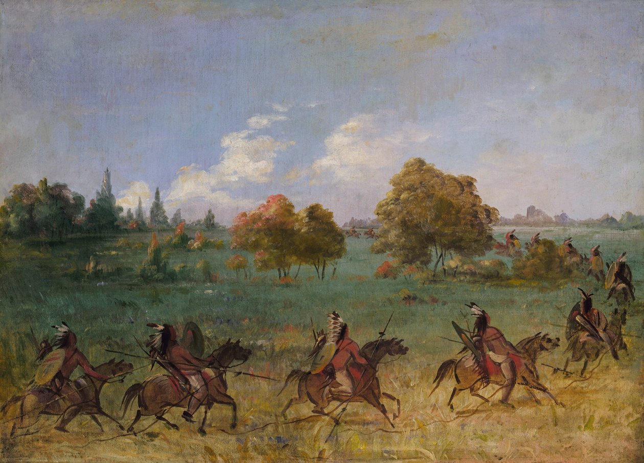 Grupo de guerra comanche em marcha, totalmente equipado de George Catlin