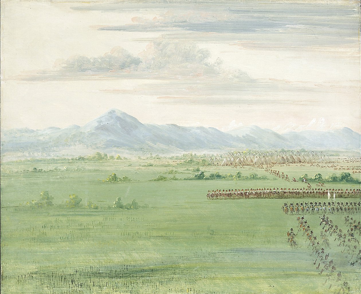 Guerreiros comanches, com bandeira branca, a receber os dragões de George Catlin