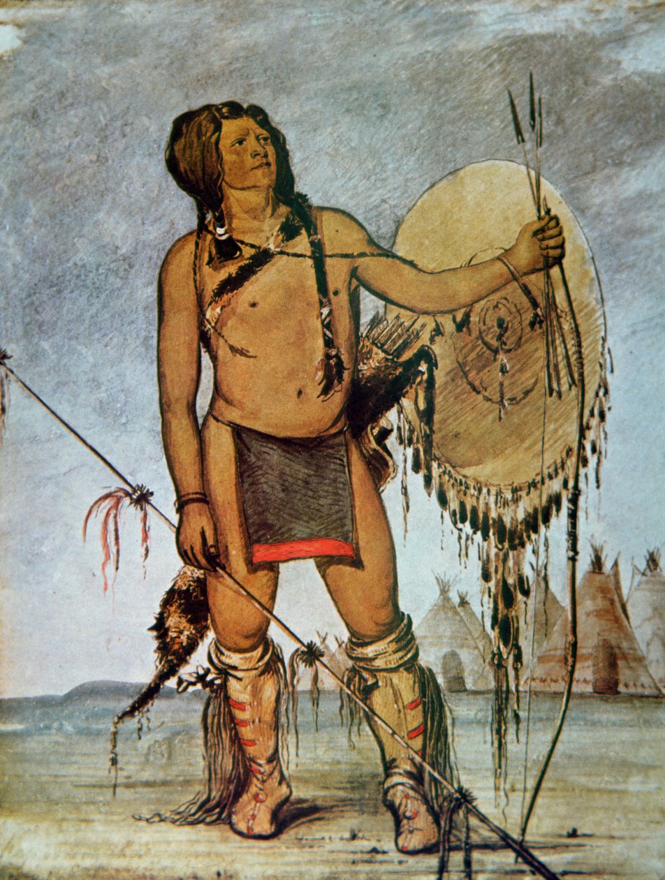 Guerreiro comanche com escudo, lança e arco e flechas, c.1835 (cor litho) de George Catlin