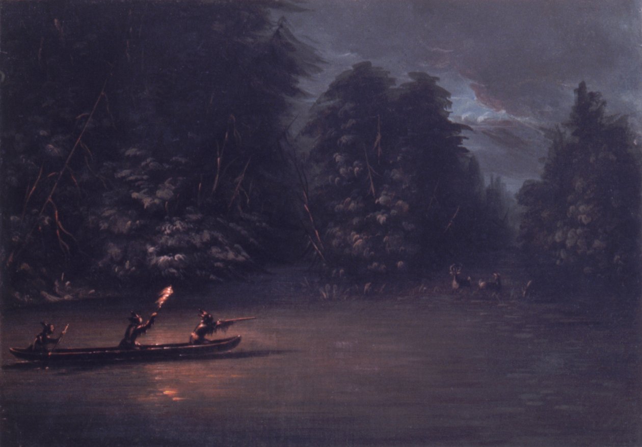 Caça ao veado à luz das tochas em canoas de casca de árvore de George Catlin