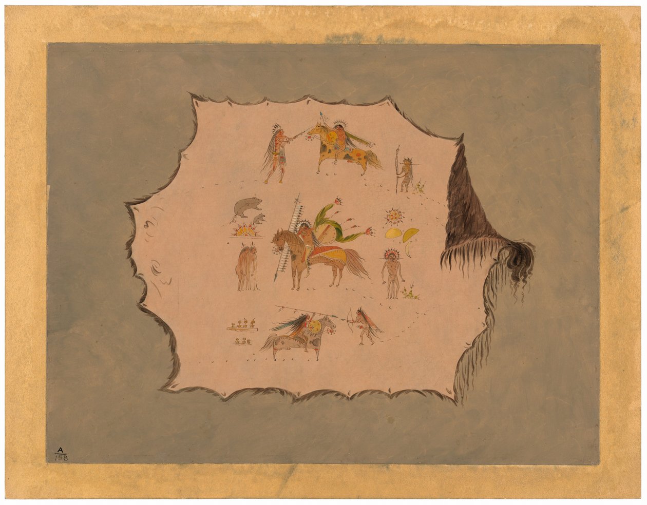 Fac-símile do manto de um médico Pawnee com designs profissionais fantásticos de George Catlin
