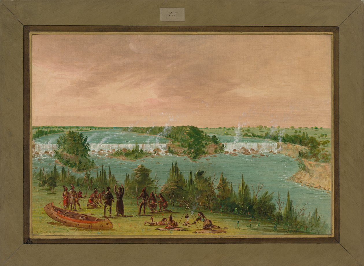 Padre Hennepin e seus homens nas Cataratas de Santo Antônio, 1º de maio de 1680, 1847-48 de George Catlin