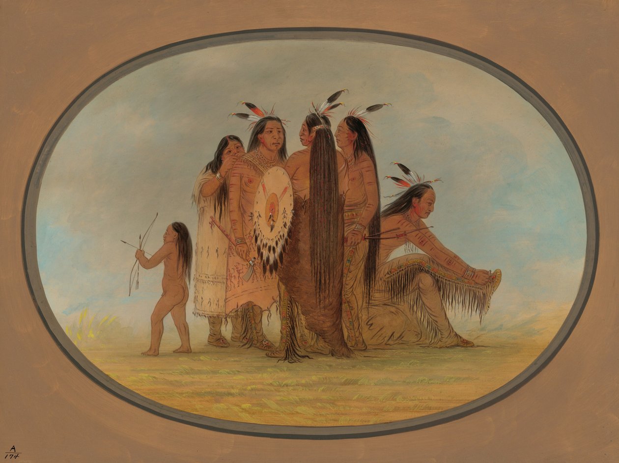 Quatro guerreiros Mandan, uma menina e um menino, 18611869. de George Catlin