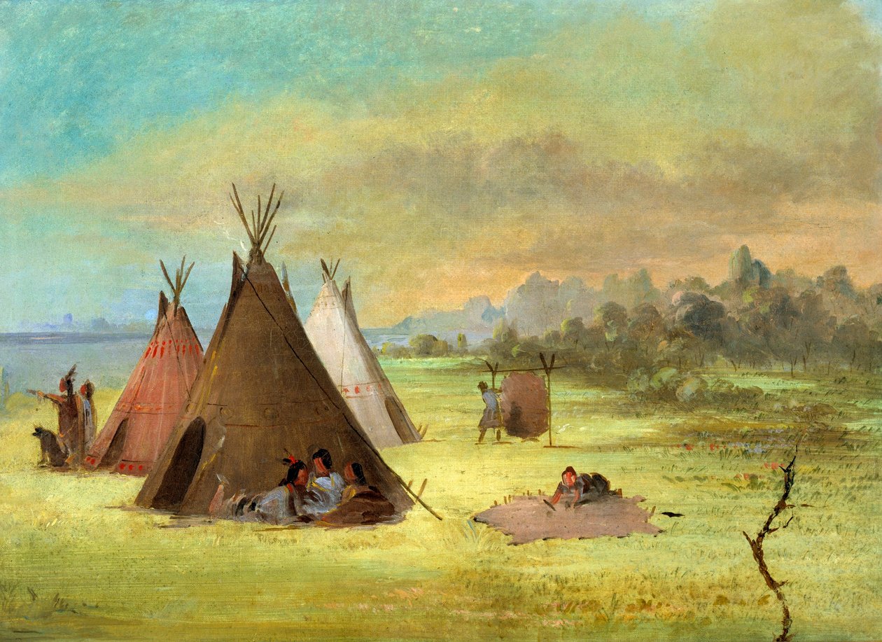 Acampamento índio, comanches (ou kiowas) a vestir peles, Rio Vermelho de George Catlin
