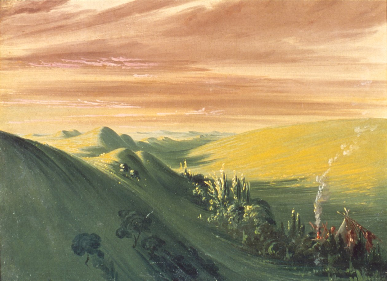 Índios acampados ao pôr do sol, Alto Missouri de George Catlin