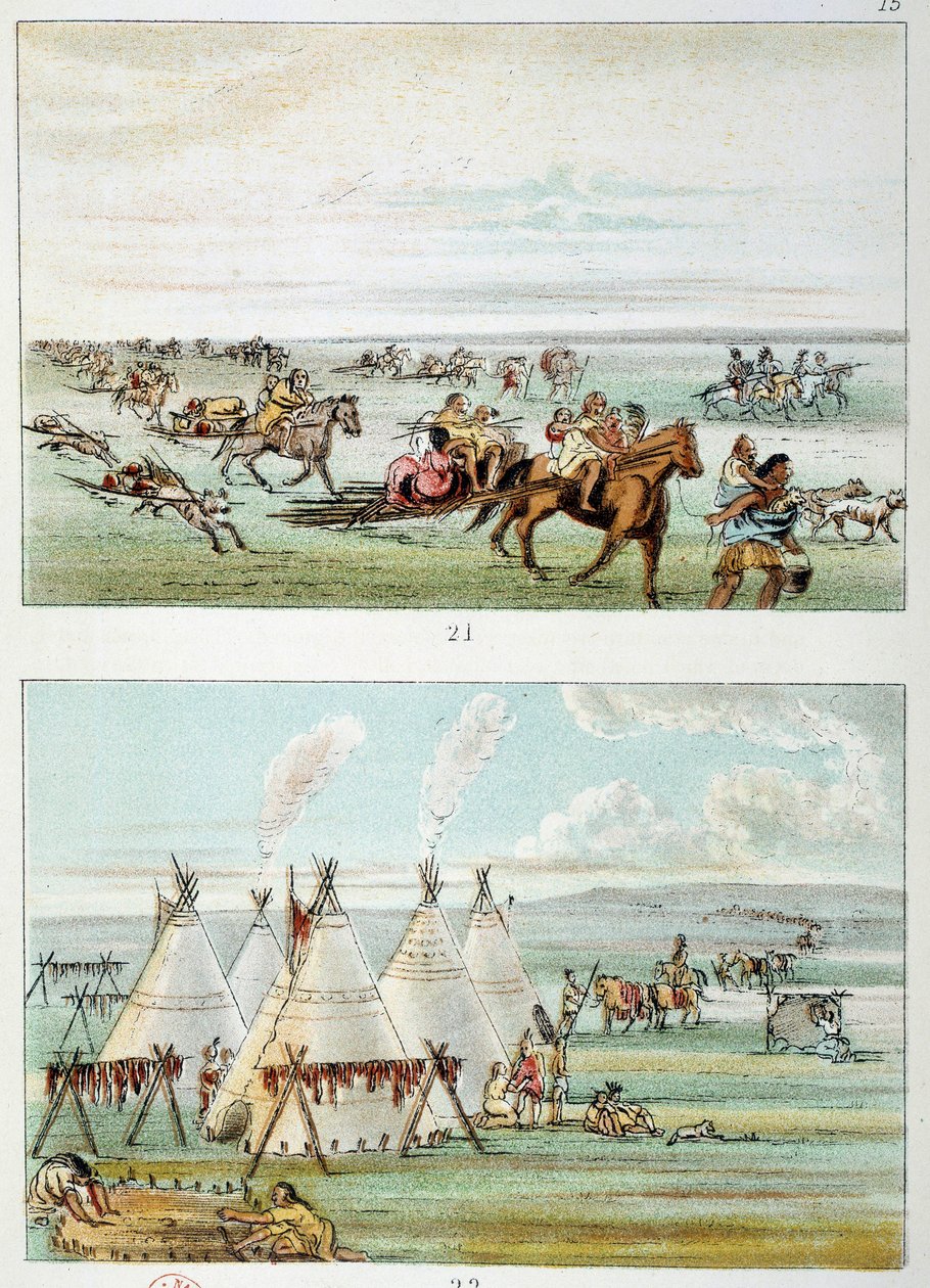 Índios da América: (topo) tribo movendo-se com peles para venda. (Inferior) tribo de 500 a 600 tipi. Ilustração de George Catlin (1794-1872) de George Catlin