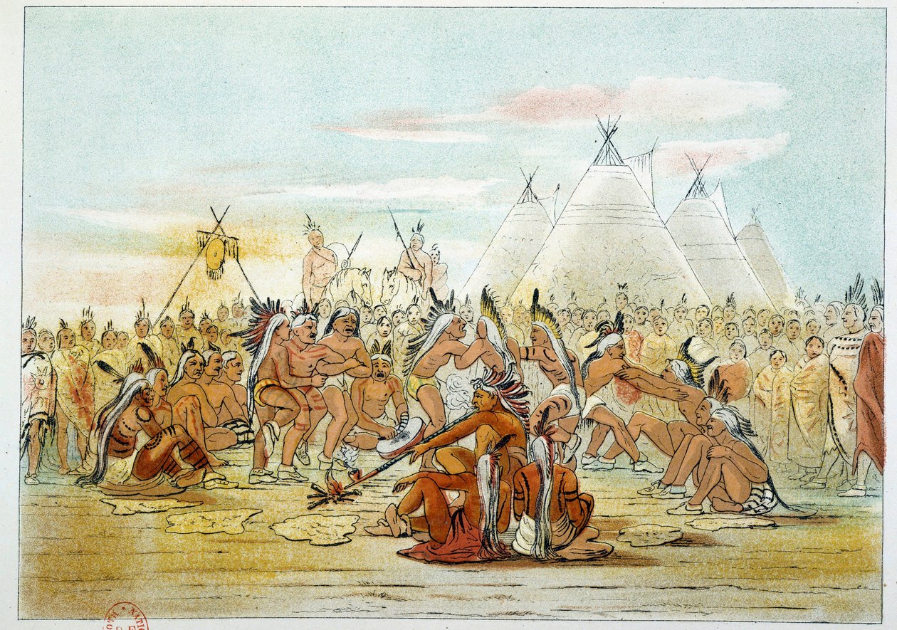 Índios da América: Tribo Assiniboin parecida com a dança de cachimbo dos Sioux. Ilustração de George Catlin (1794-1872) de George Catlin