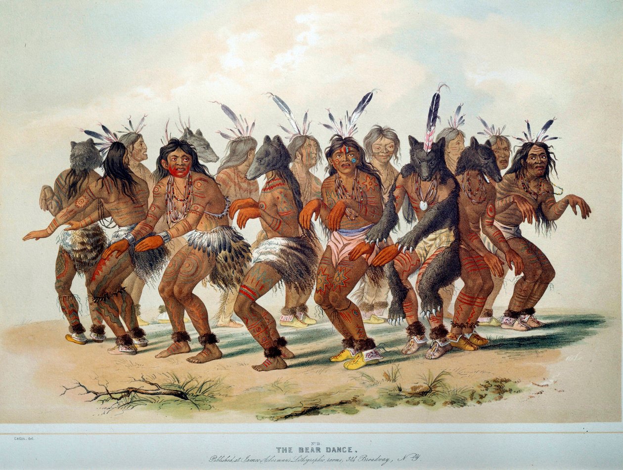 Índios da América: Dança do Urso, ritual de uma tribo de Pele Vermelha. Ilustração de George Catlin (1794-1872) de George Catlin