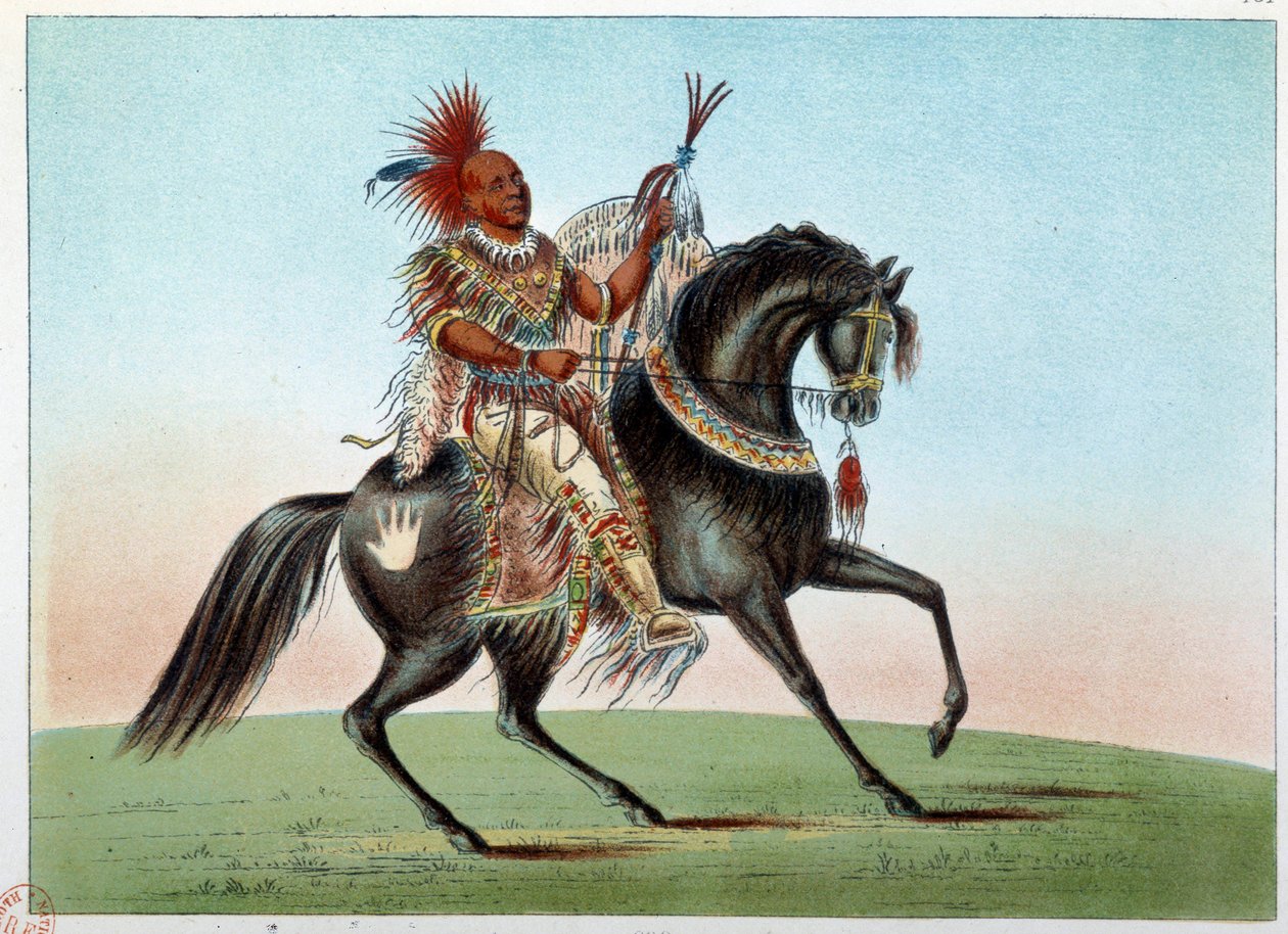 Índios da América: Retrato equestre de um chefe índio da tribo de Saxónia e Raposas. Ilustração de George Catlin (1794-1872) de George Catlin
