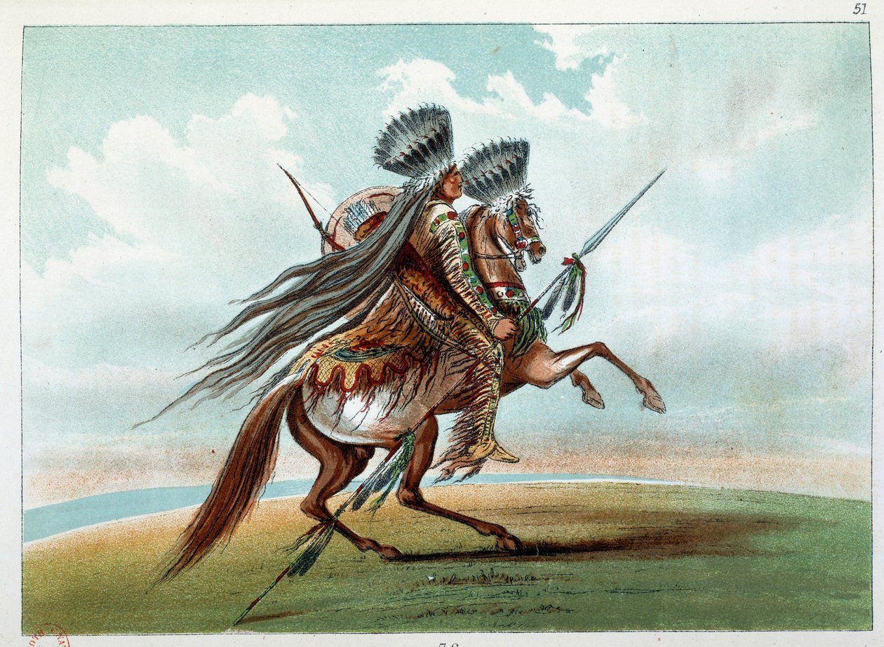 Índios da América: Miniatarees indígenas caçando cavalos selvagens no sopé das Montanhas Rochosas. Ilustração de George Catlin (1794-1872) de George Catlin