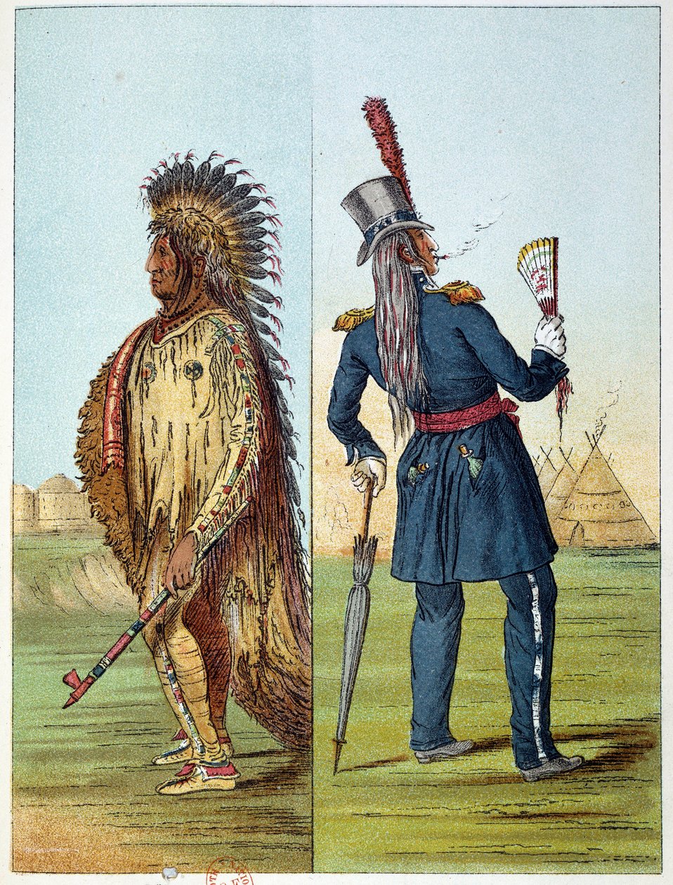 Índios da América: índios assiniboin vetu no exército em seus bolsos duas garrafas de wisky. Ilustração de George Catlin (1794-1872) de George Catlin