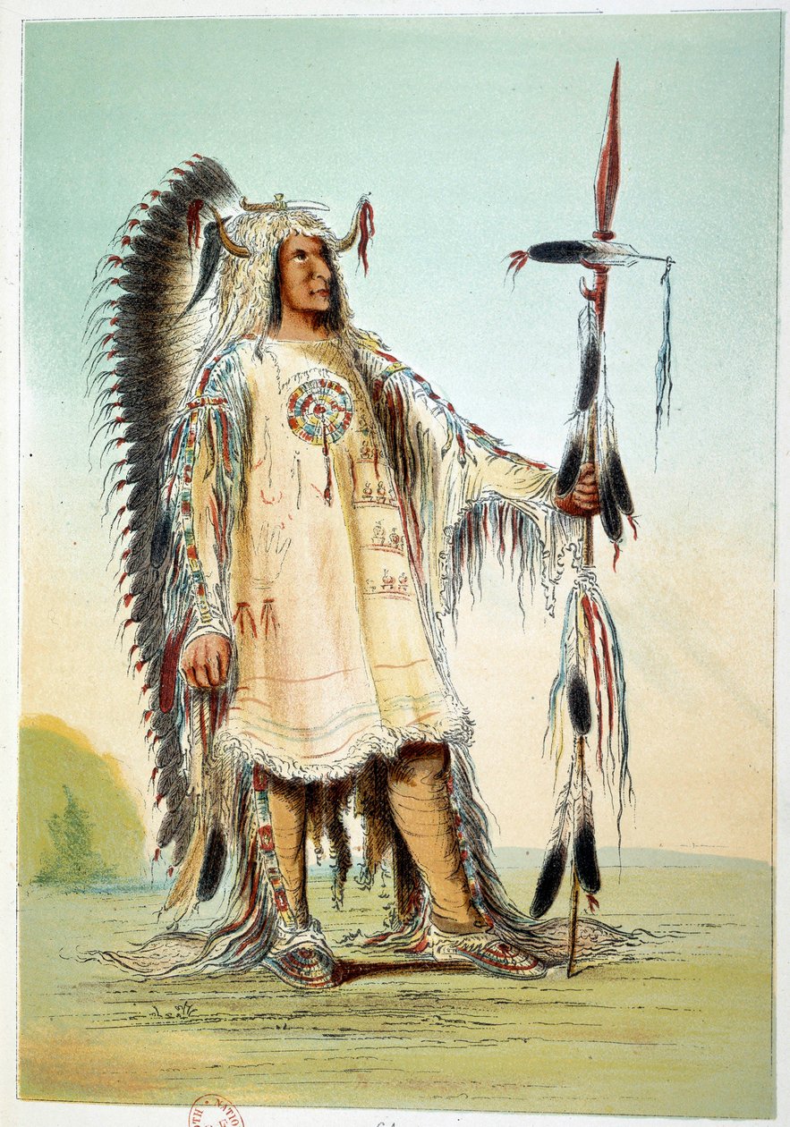 Índios da América: Mah-To-Toh-Pa (Mah To Toh Pa), segundo chefe Mandão em vestido de chefe. Ilustração de George Catlin (1794-1872) de George Catlin