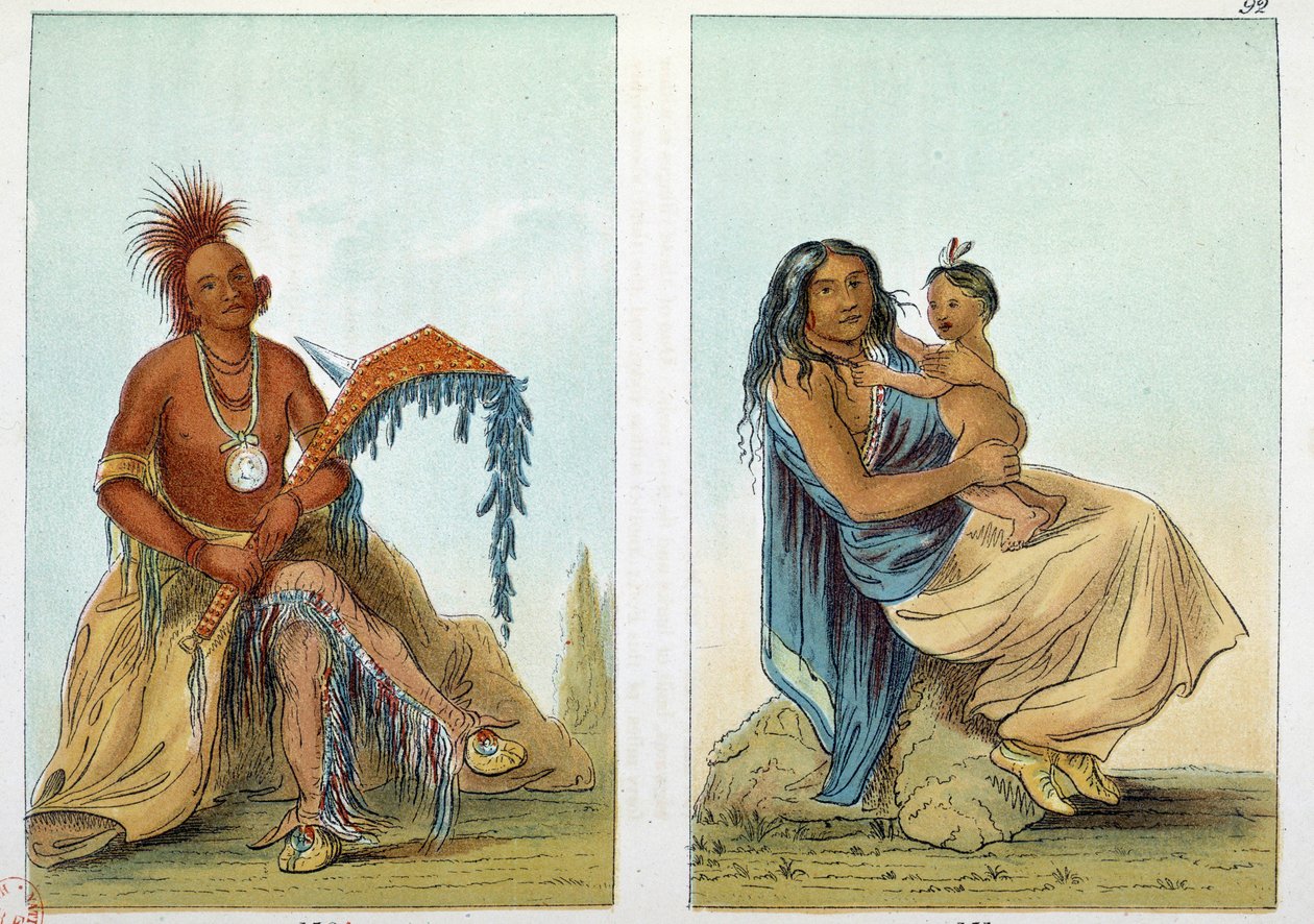 Índios da América: Retrato de um líder do Osage chama Clermont com sua esposa e filho. Ilustração de George Catlin (1794-1872) de George Catlin
