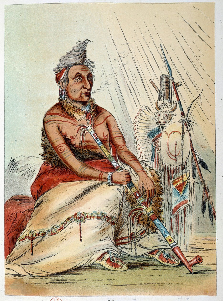 Índios da América: Retrato de um velho chef índio fumando seu cachimbo chamado The Black Mocassin. Ilustração de George Catlin (1794-1872) de George Catlin
