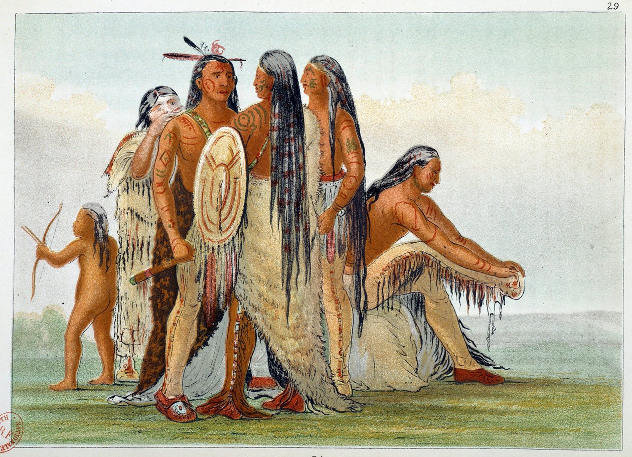 Índios da América. Os Mandans: O chefe San Ja Ka Ko Kah (San-Ja-Ka-Ko-Kah) rodeia com a sua família. Gravura de George Catlin (1794-1872) de George Catlin