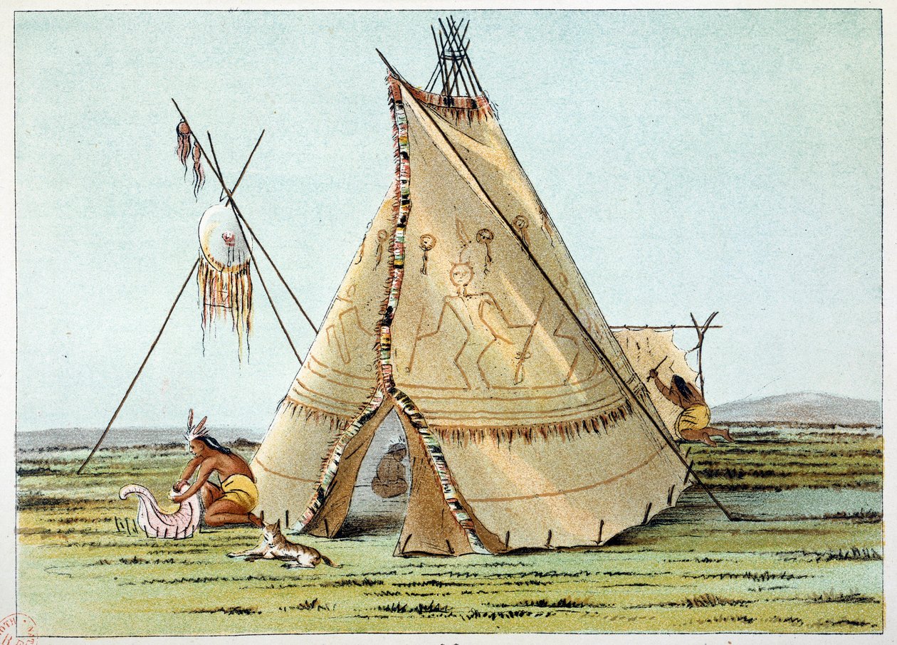 Índios da América: Tipi da tribo dos Corvos, com piqueniques de porcuepics. Ilustração de George Catlin (1794-1872) de George Catlin