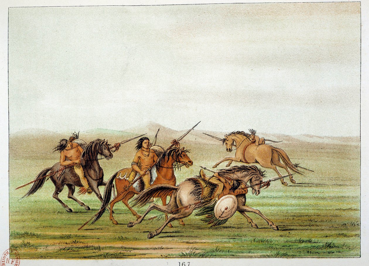 Índios da América: Comandantes guerreiros a treinar a cavalo. Ilustração de George Catlin (1794-1872) de George Catlin