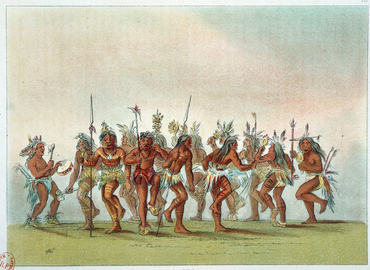 Índios da América: dancem os espíritos entre os Sioux para obter a clemência do céu. Ilustração de George Catlin (1794-1872) de George Catlin
