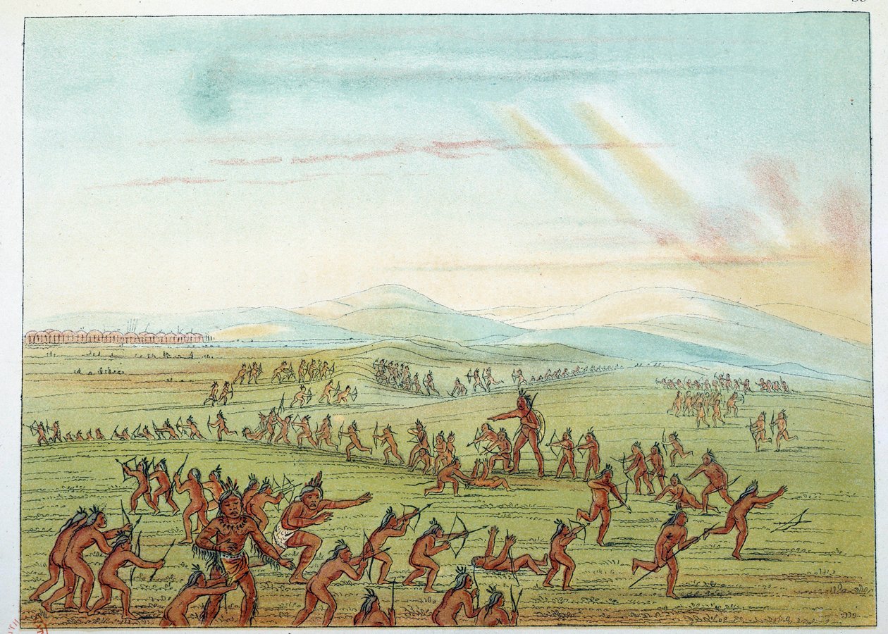 Índios da América: ensino de caça para crianças Mandans entre 7 e 15 anos de idade. Ilustração de George Catlin (1794-1872) de George Catlin