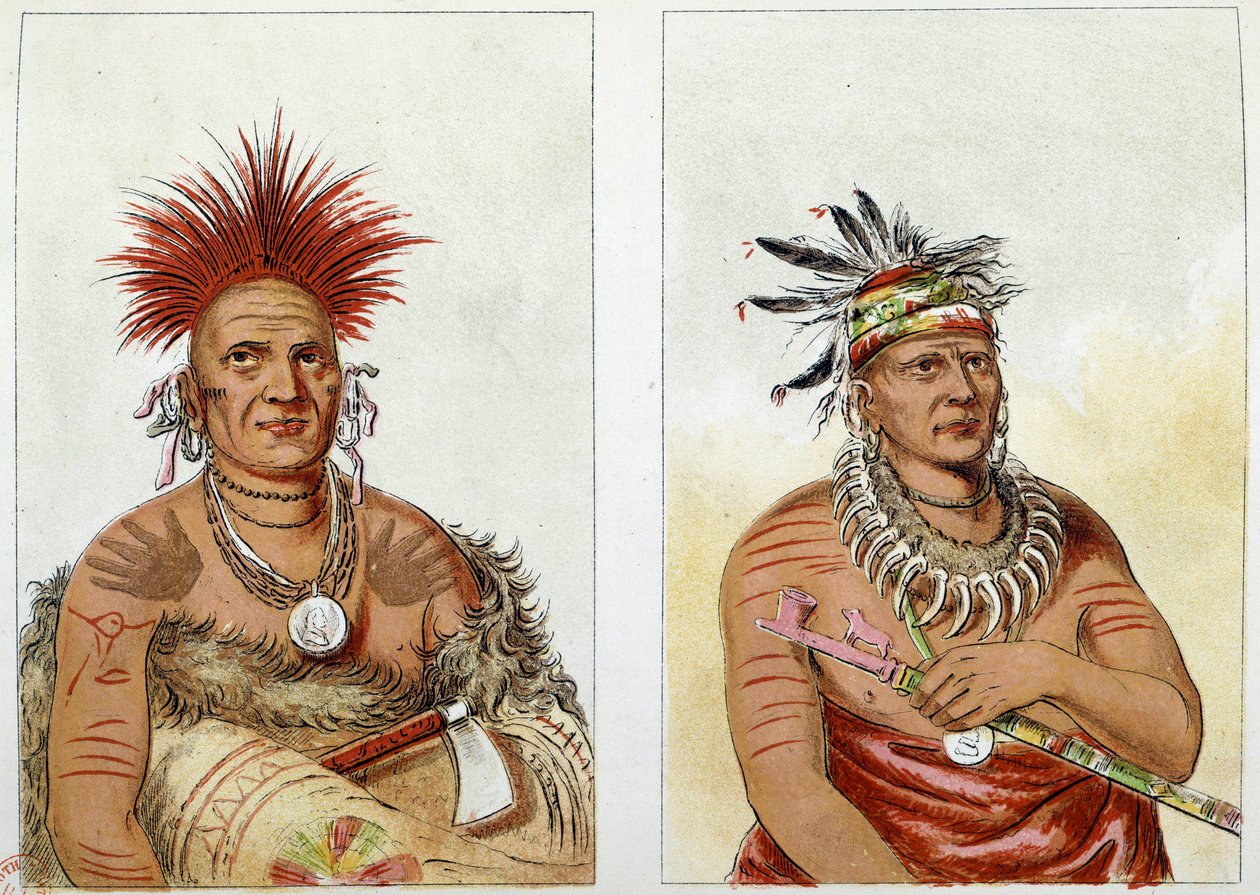 Índios da América: a tribo dos chefes dos cavalos dos Grandes Pawnees (ou Paneassa, Pari, Pariki) (n° 138) segundo chefe mais idade (n° 139) - O segundo tem um colar feito de garras de urso - Ilustração de George Catlin (1794-1872) de George Catlin