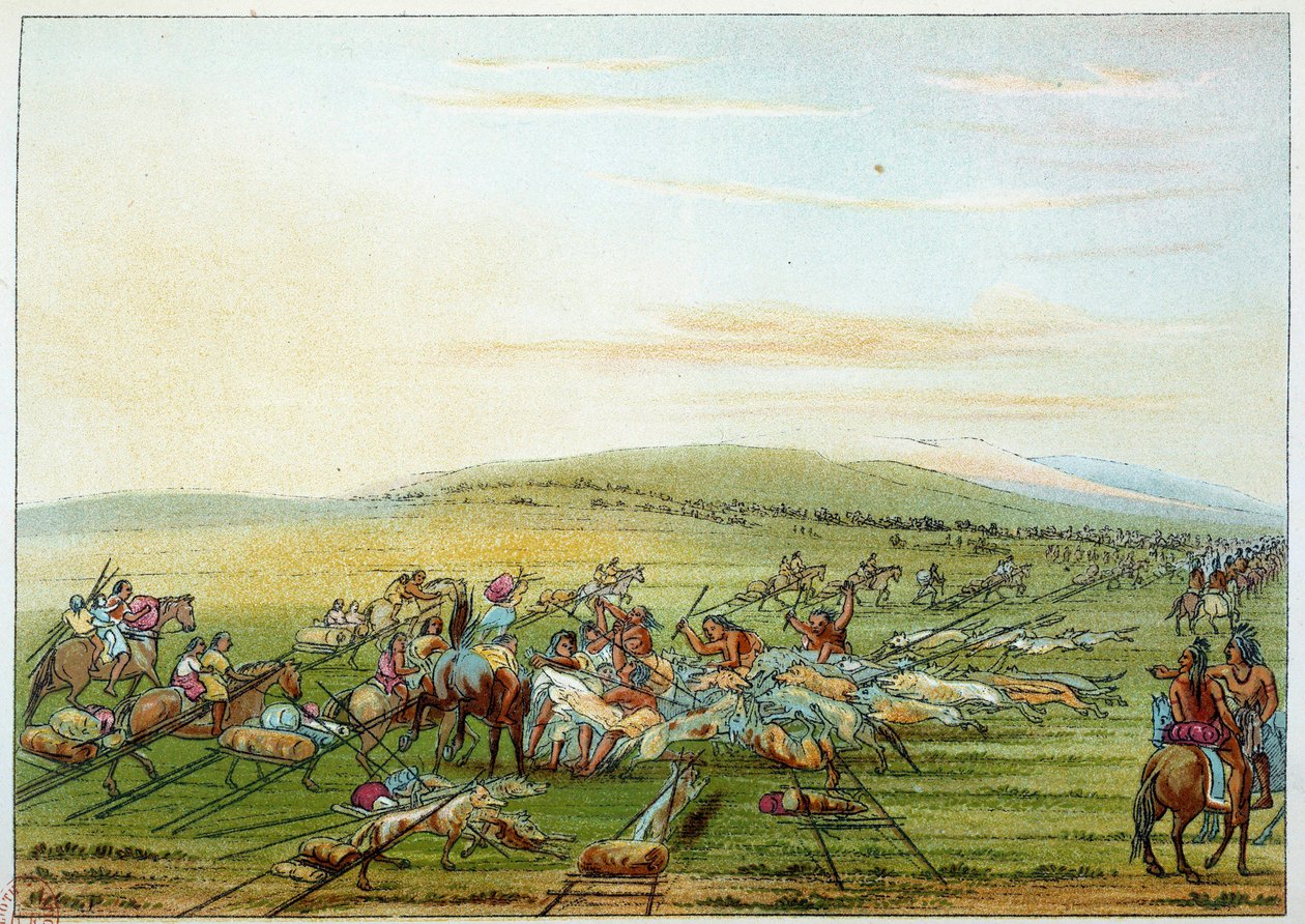 Índios da América: tribo de índios com cavalos e cães. Ilustração de George Catlin (1794-1872) de George Catlin