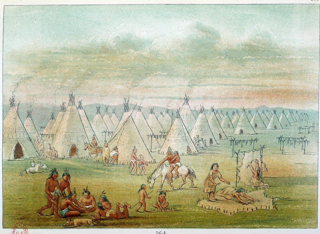 Índios da América: o comando da aldeia as tendas são feitas de peles de bisão. Ilustração de George Catlin (1794-1872) de George Catlin