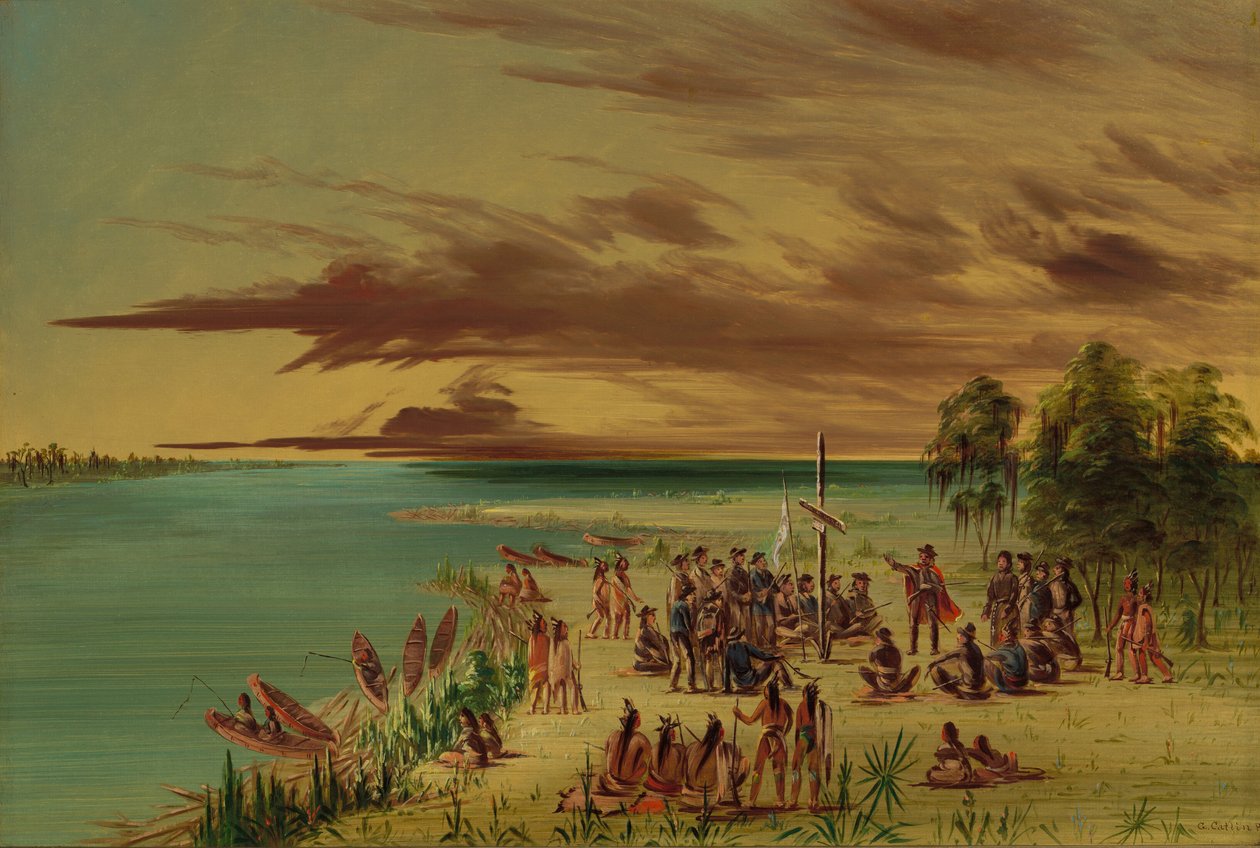 La Salle reivindicando a Louisiana para a França. 9 de abril de 1682, 18471848. de George Catlin