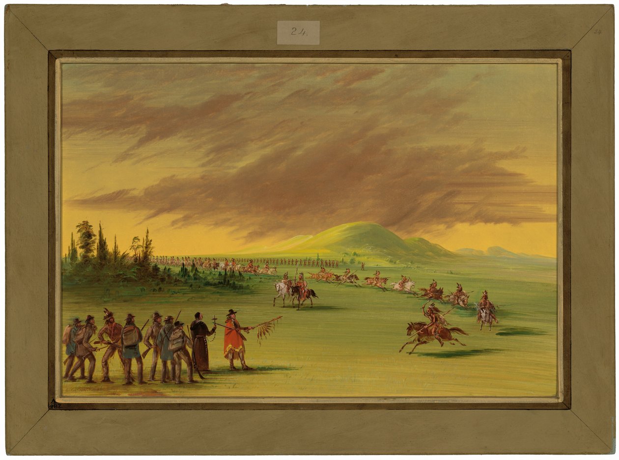 La Salle depara-se com um grupo de guerreiros da tribo dos índios Cenis numa pradaria do Texas. 25 de abril de 1686 de George Catlin