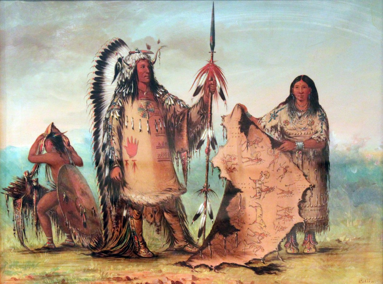 Mandan: Mato-Tope com a mulher e o filho. O manto de bisonte, segurado pela sua mulher, mostra os seus feitos heróicos na guerra de George Catlin