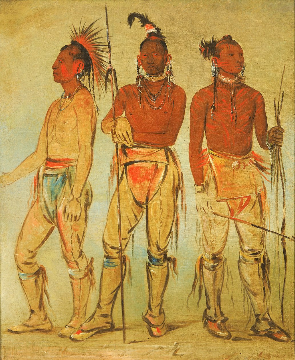 Mun-ne-pús-kee, Aquele que não tem medo, Ko-ha-túnk-a, Big Crow e Nah-cóm-ee-shee..., 1834. de George Catlin