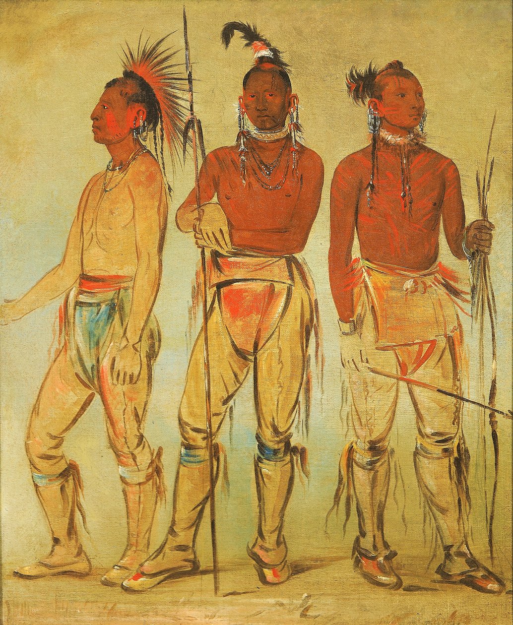 Mun-ne-pús-kee, Aquele que Não Tem Medo; Ko-ha-túnk-a, Grande Corvo; e Nah-cóm-ee-shee, Homem da Cama, Três Jovens Guerreiros de George Catlin