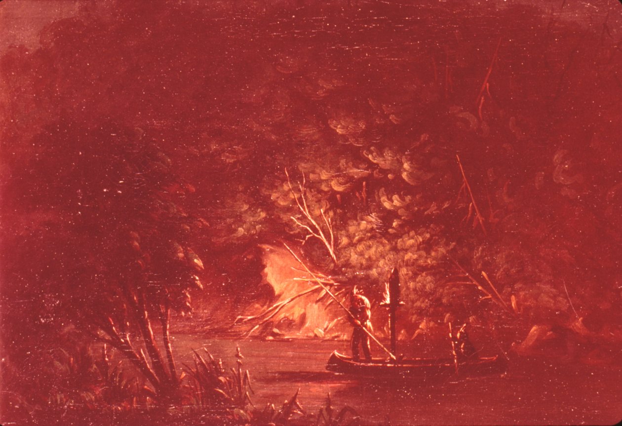 Ojibwe a lançar salmão à luz da tocha de George Catlin