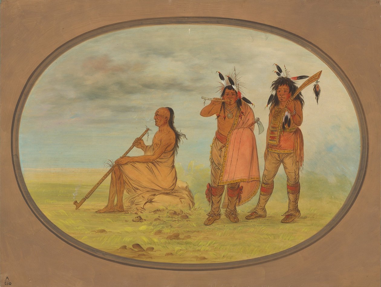 Velho chefe Menomonie com dois jovens Beaux, 18611869. de George Catlin