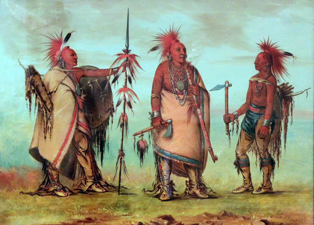 Osage: Tal-lee, Black Dog e Big Crow com baratas feitas de pelo de veado tingido de vermelho de George Catlin