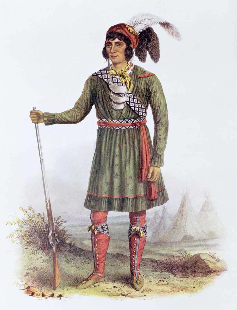 Osceola ou "Sol Nascente", um Líder Seminole, 1838, ilustração de "As Tribos Indígenas da América do Norte, Vol. 2", de Thomas L. McKenney e James Hall, pub. John Grant de George Catlin