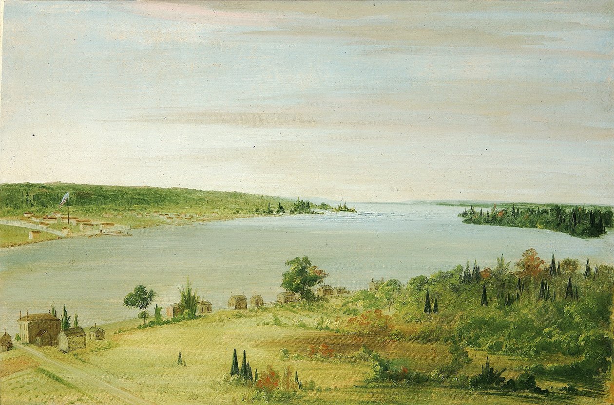 Sault Ste. Marie, mostrando a guarnição dos Estados Unidos à distância de George Catlin