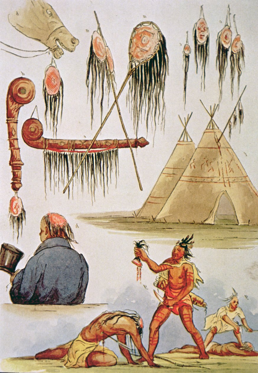 Escalpagem e uso decorativo do couro cabeludo (aguarela sobre papel) de George Catlin