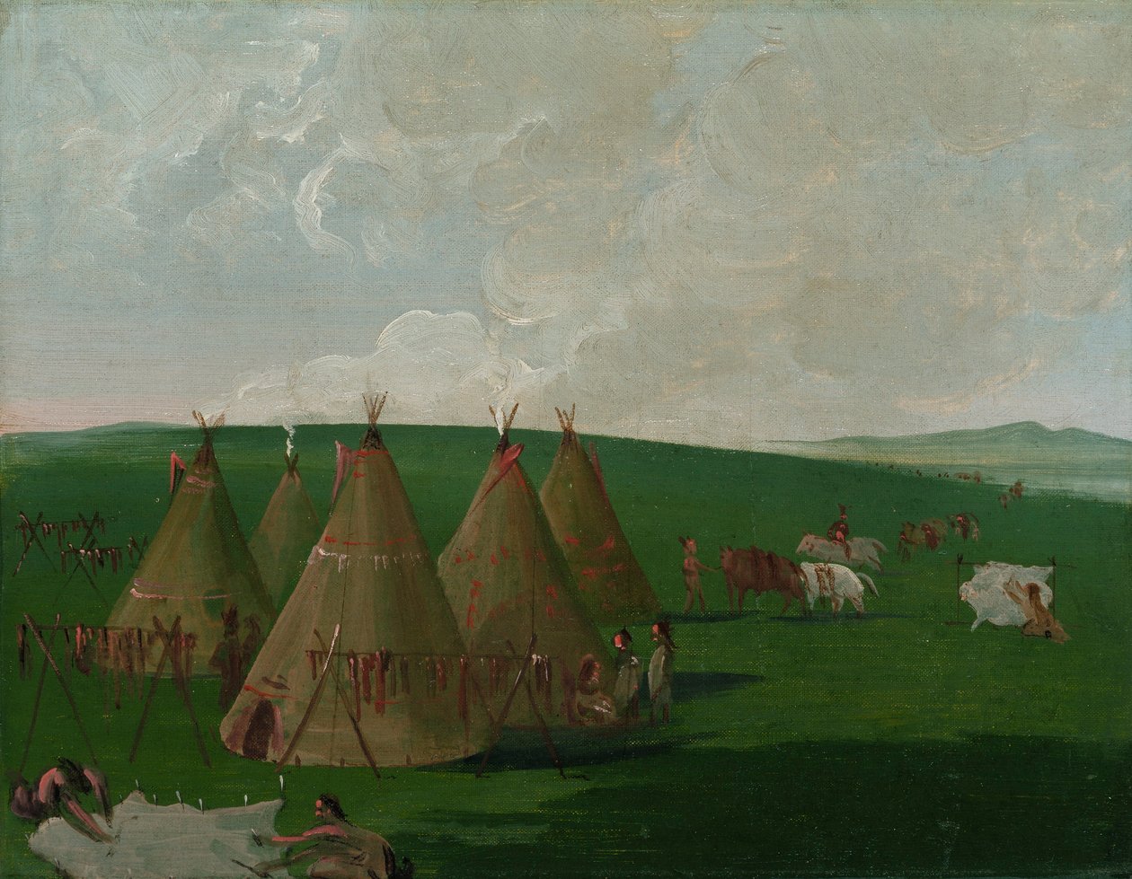 Sioux acampados no Alto Missouri, preparando carne de búfalo e mantos de George Catlin