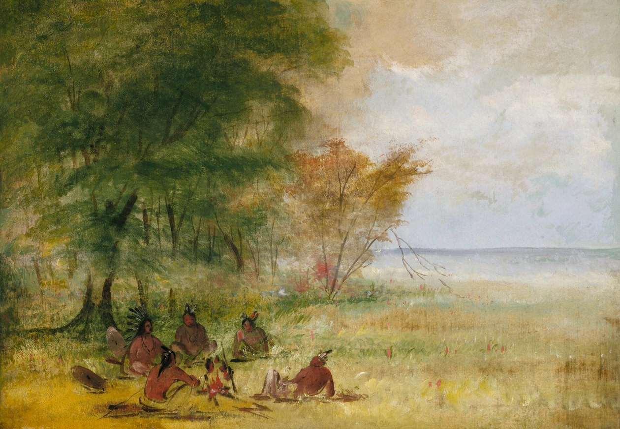 Conselho dos índios Sioux, chefes em profunda deliberação de George Catlin