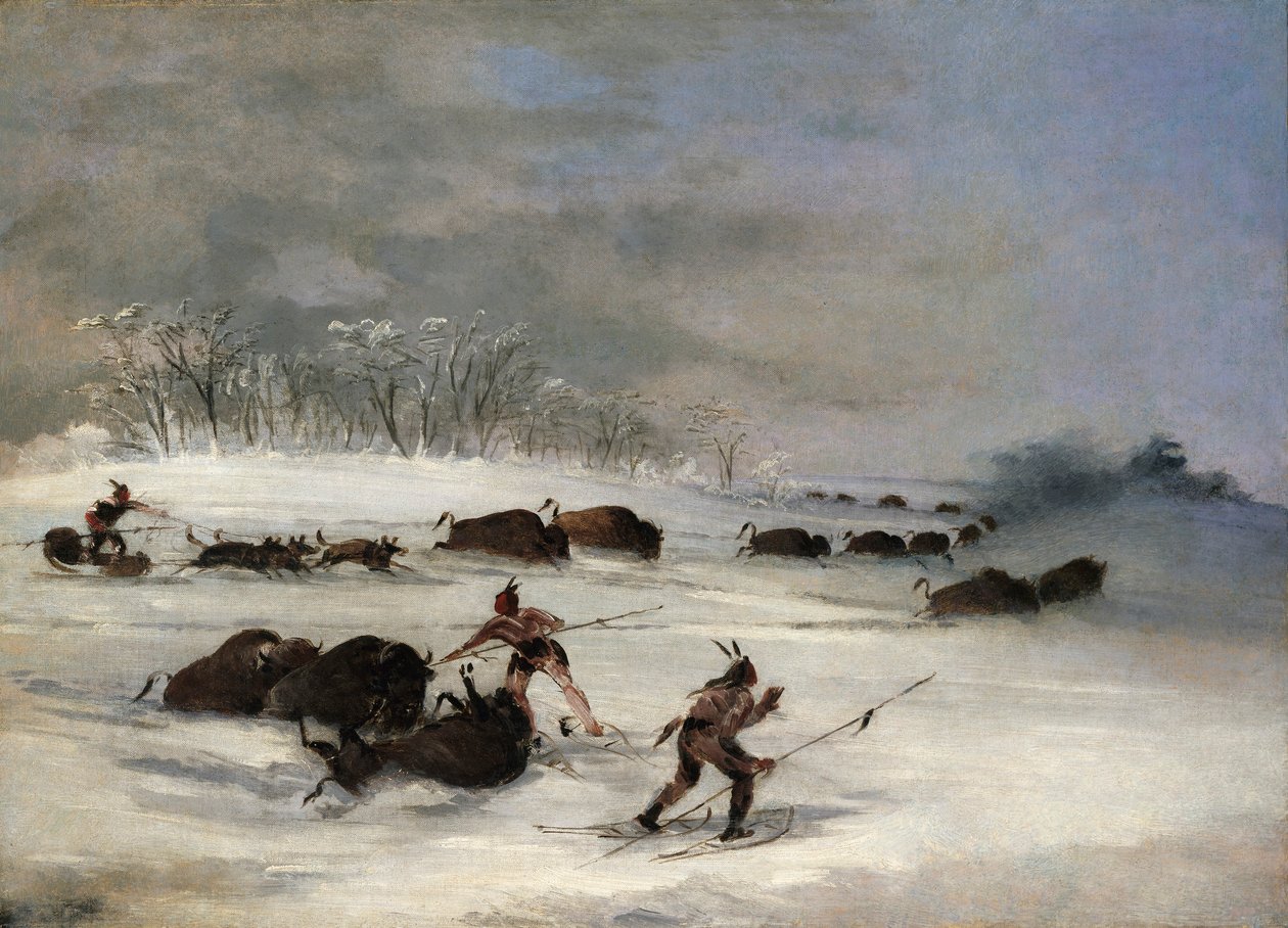 Índios Sioux em raquetes de neve a dar de frosques ao búfalo de George Catlin