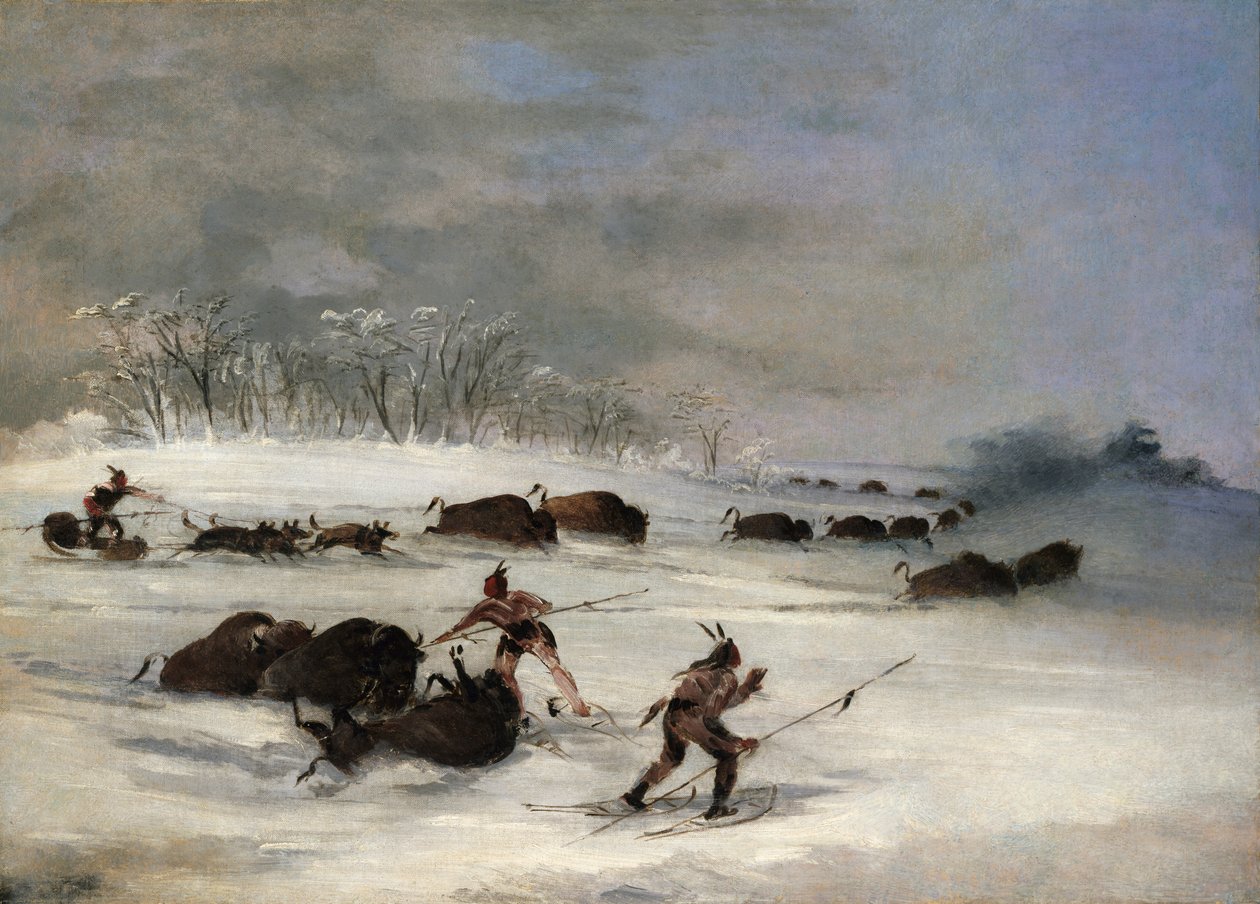 Índios Sioux em Snowshoes Lancing Buffalo, 1846-1848. de George Catlin
