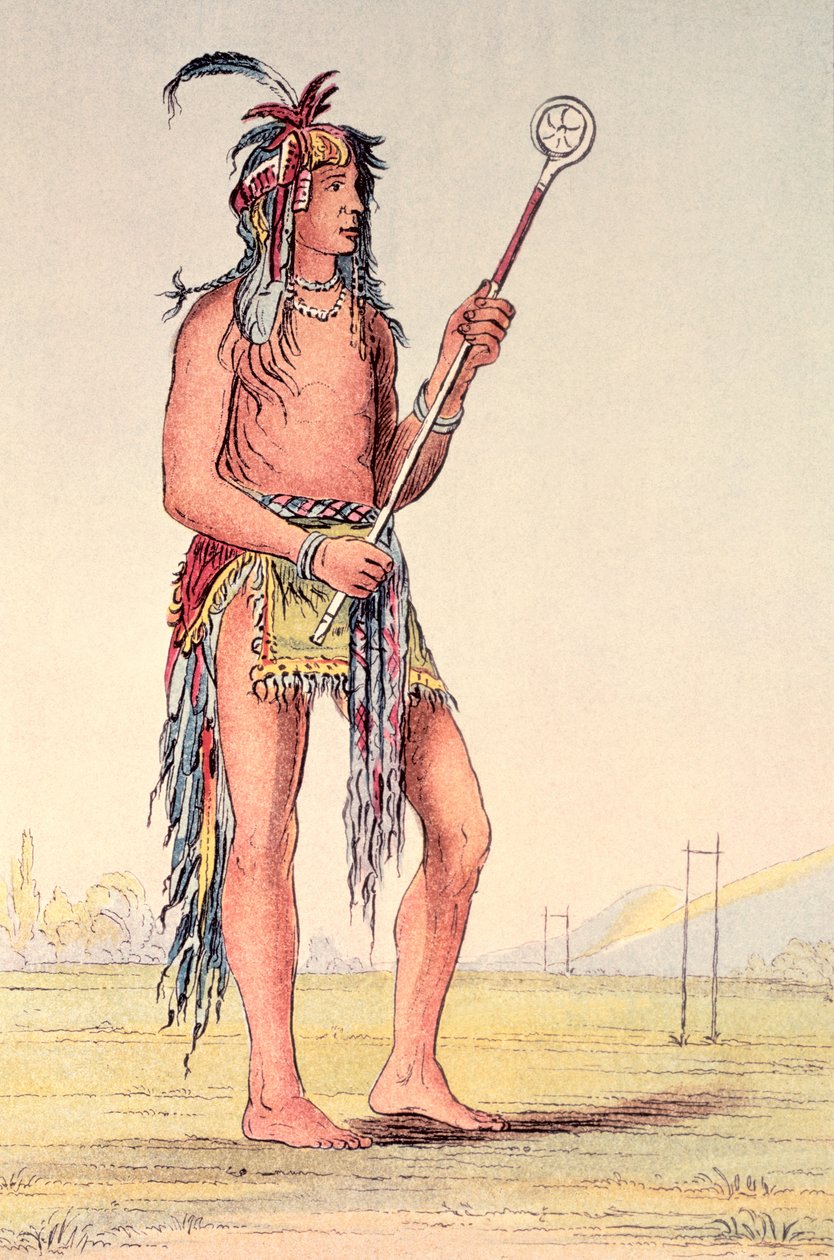 O jogador de bola Sioux Ah-No-Je-Nange, &39;Aquele que está em ambos os lados&39; (litho colorido à mão) de George Catlin