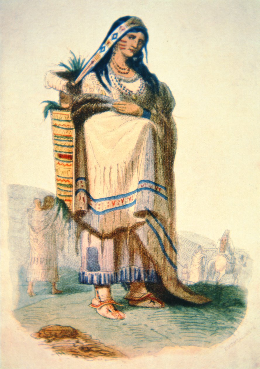 Sioux mãe com bebê em um berço (cor litho) de George Catlin