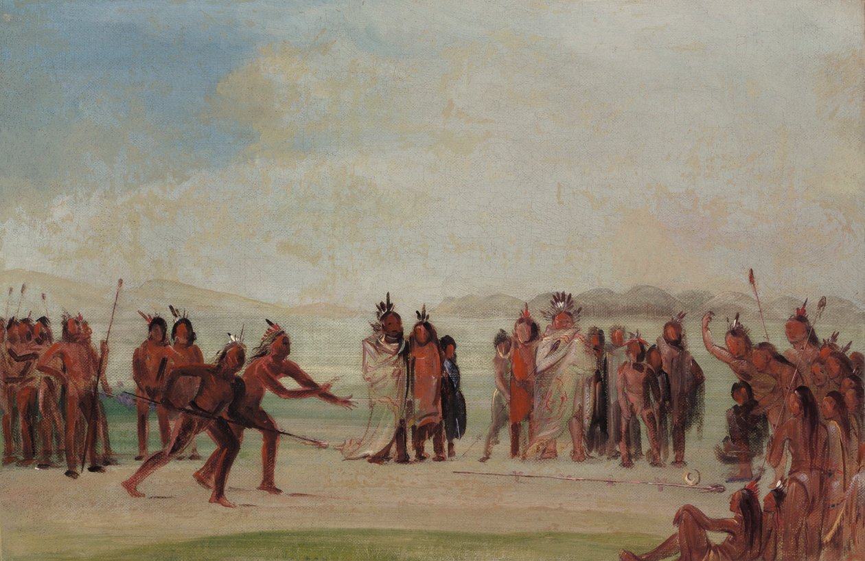 Tchung-kee, um jogo Mandan jogado com um anel e uma vara de George Catlin