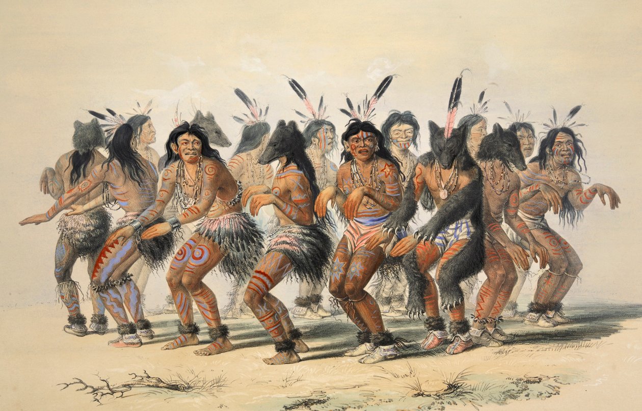O detalhe Bear Dance, pub. Litografia colorida de 1845. de George Catlin